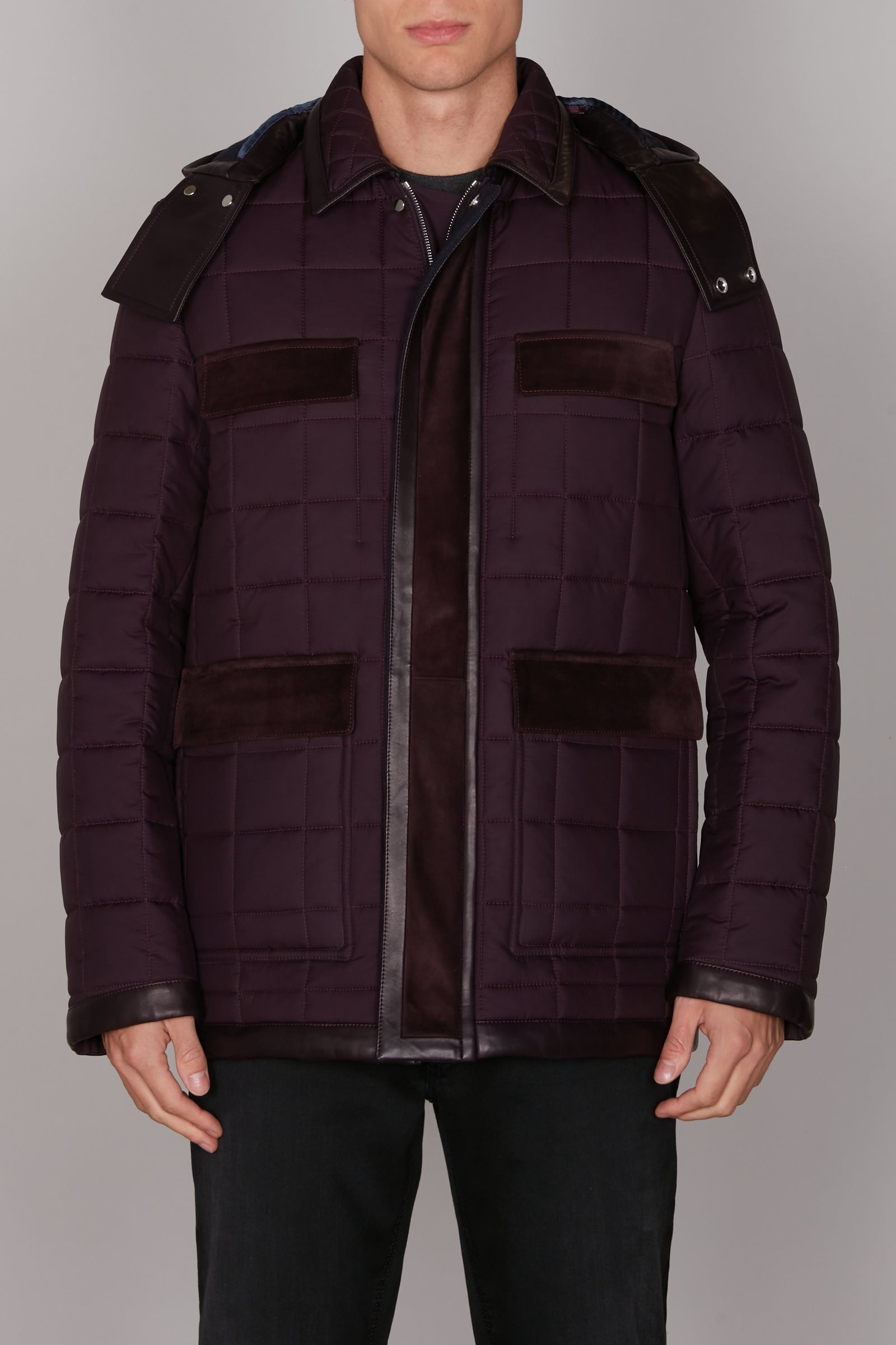 Blouson matelassé empiècements en soie - Bordeaux & Marron