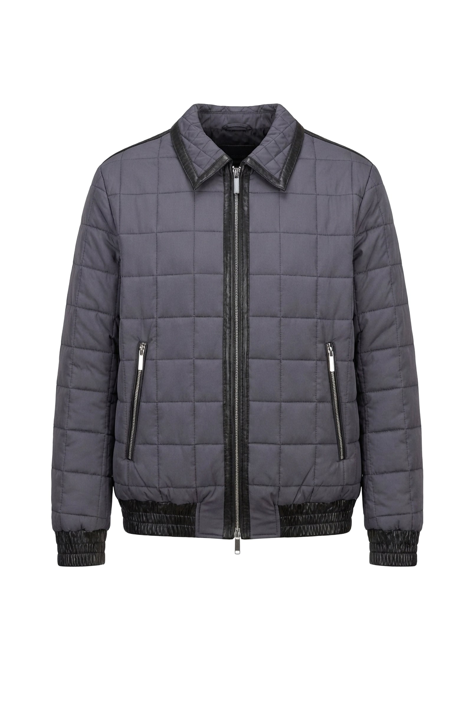 Blouson matelassé en soie et cuir - Gris & Noir