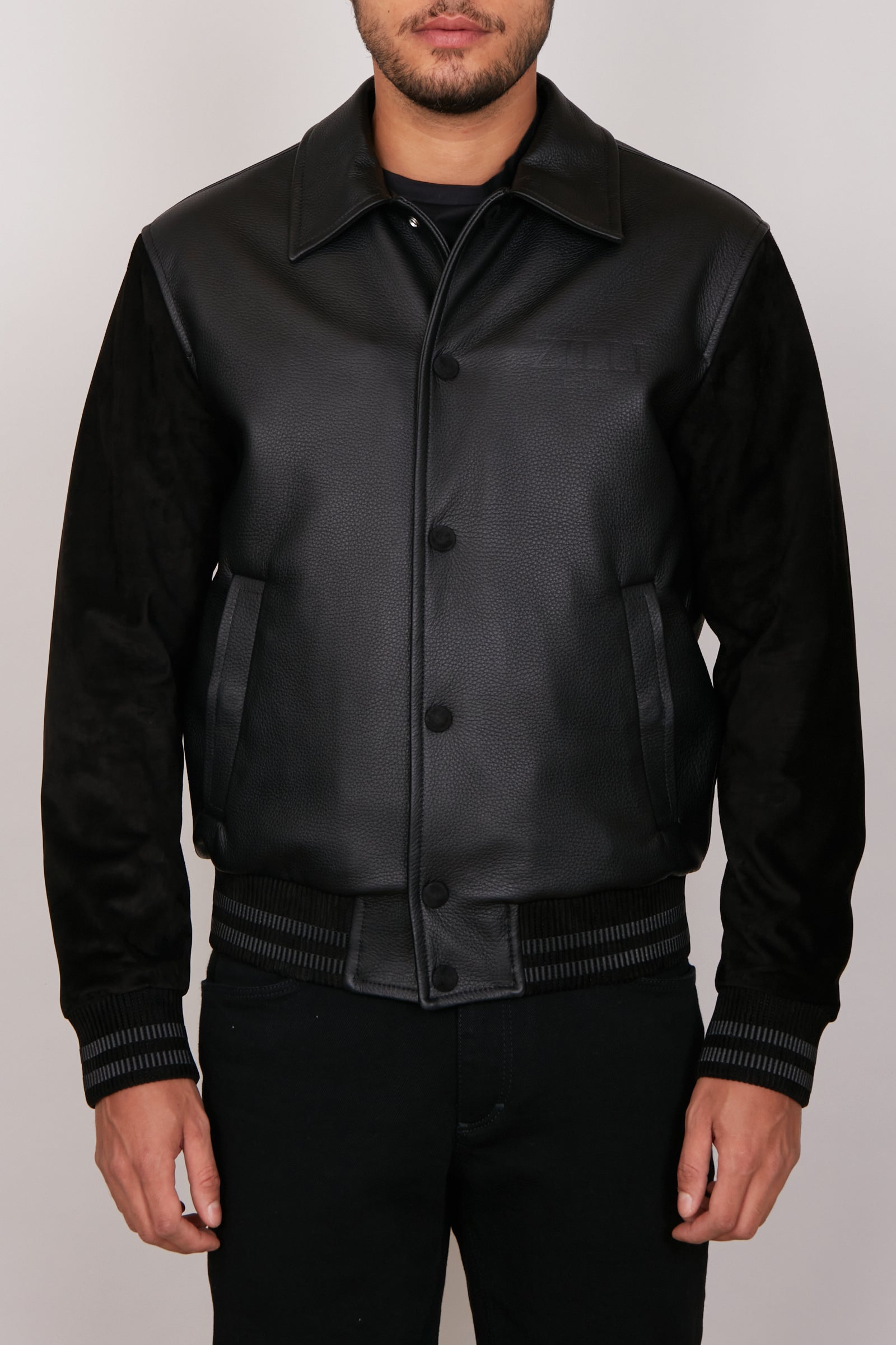 Blouson bi-matière en cuir exotique et daim - Noir
