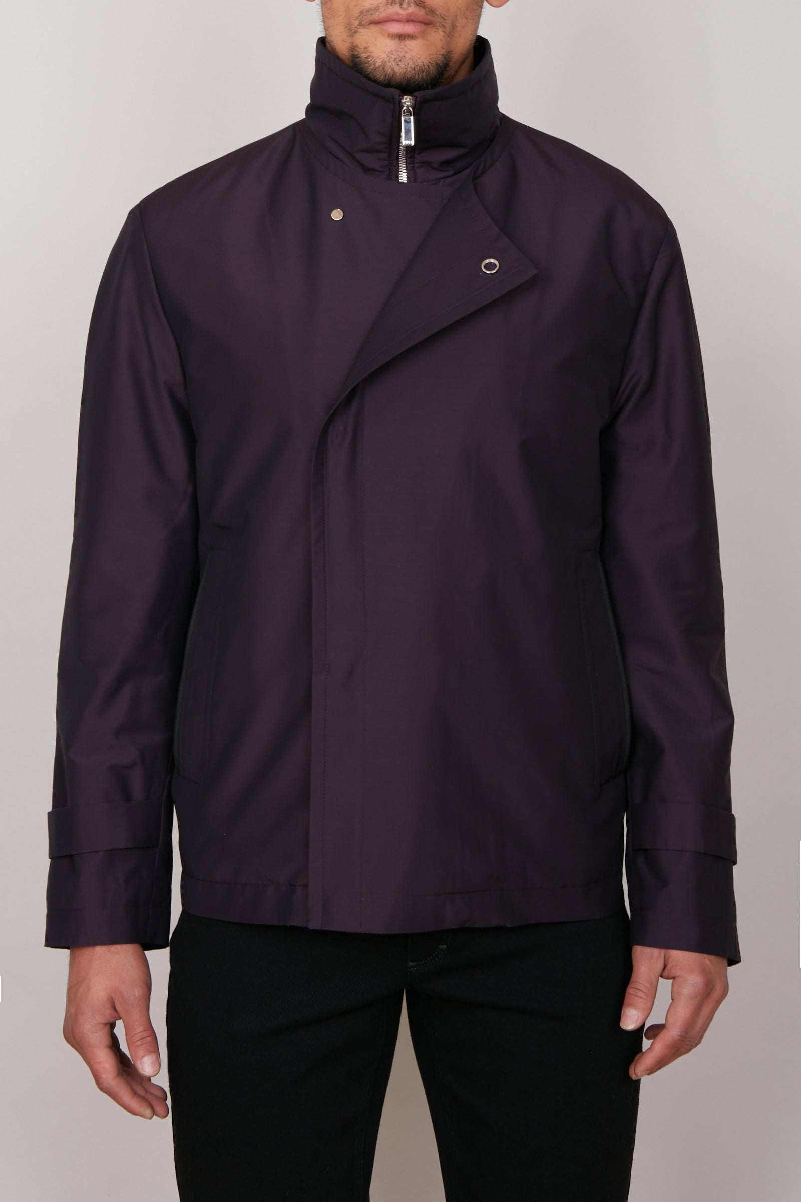Blouson à rabat asymétrique en laine et cuir - Violet