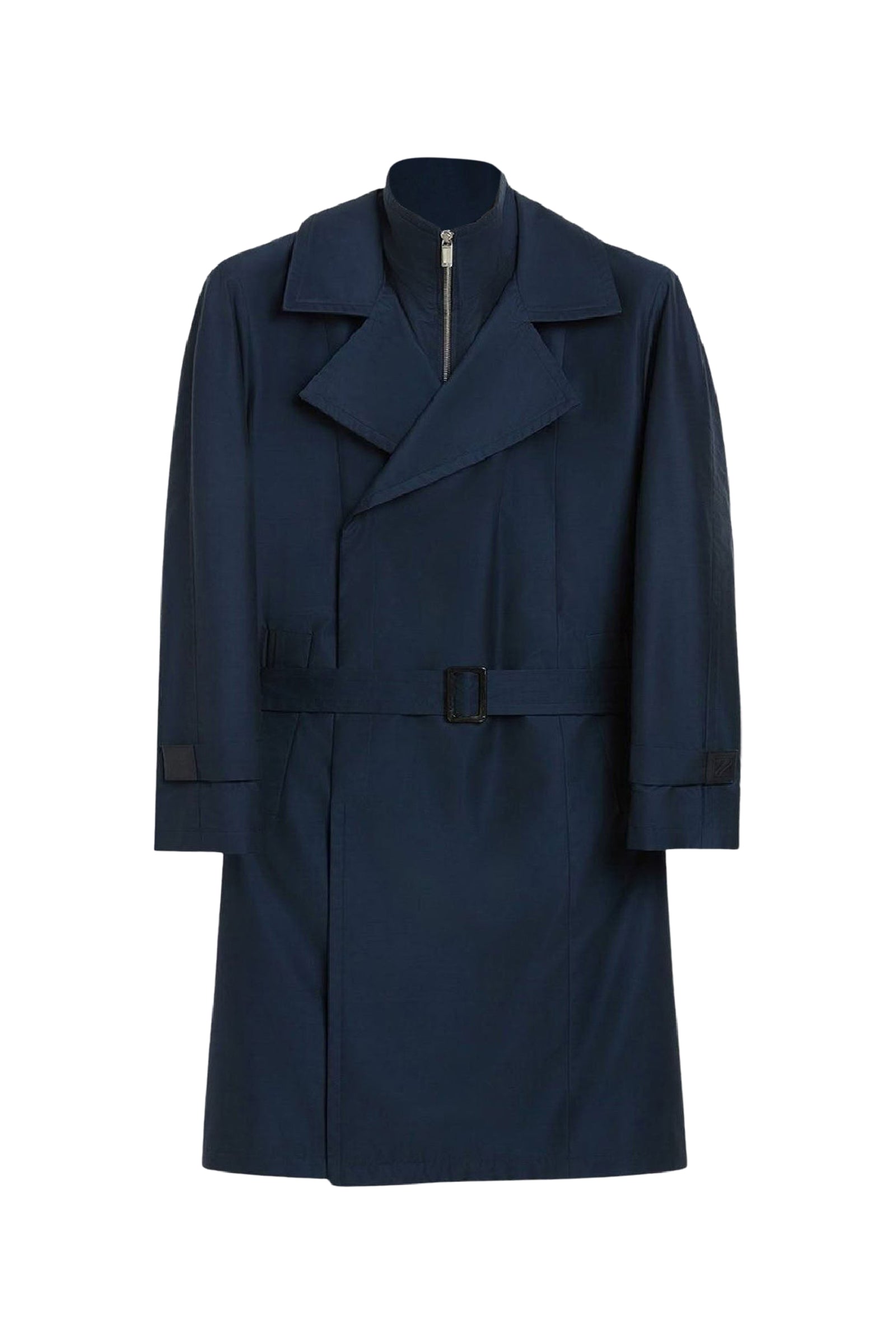 Trench coat ceinturé et zippé en laine - Bleu