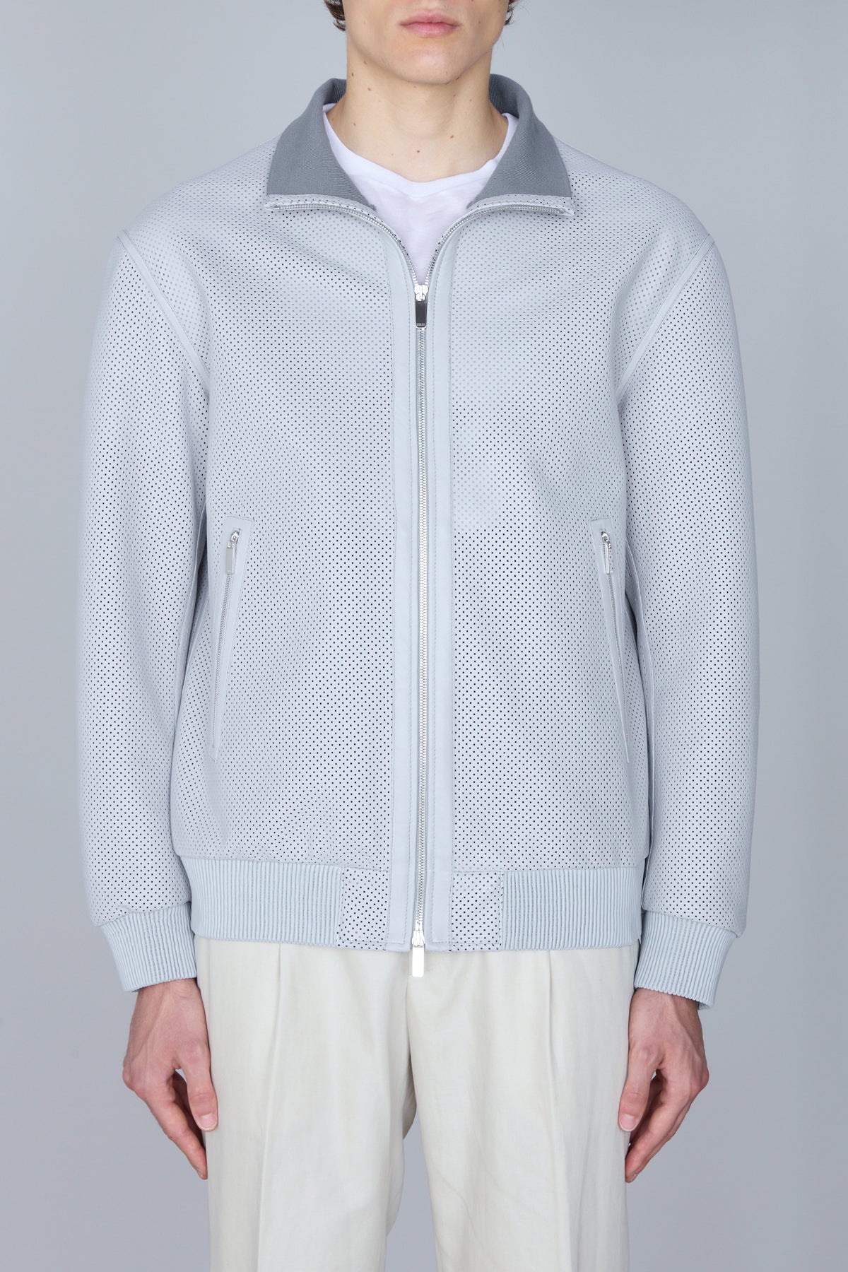 Blouson à zip et col contrasté en cuir - Light Grey & Blue Navy