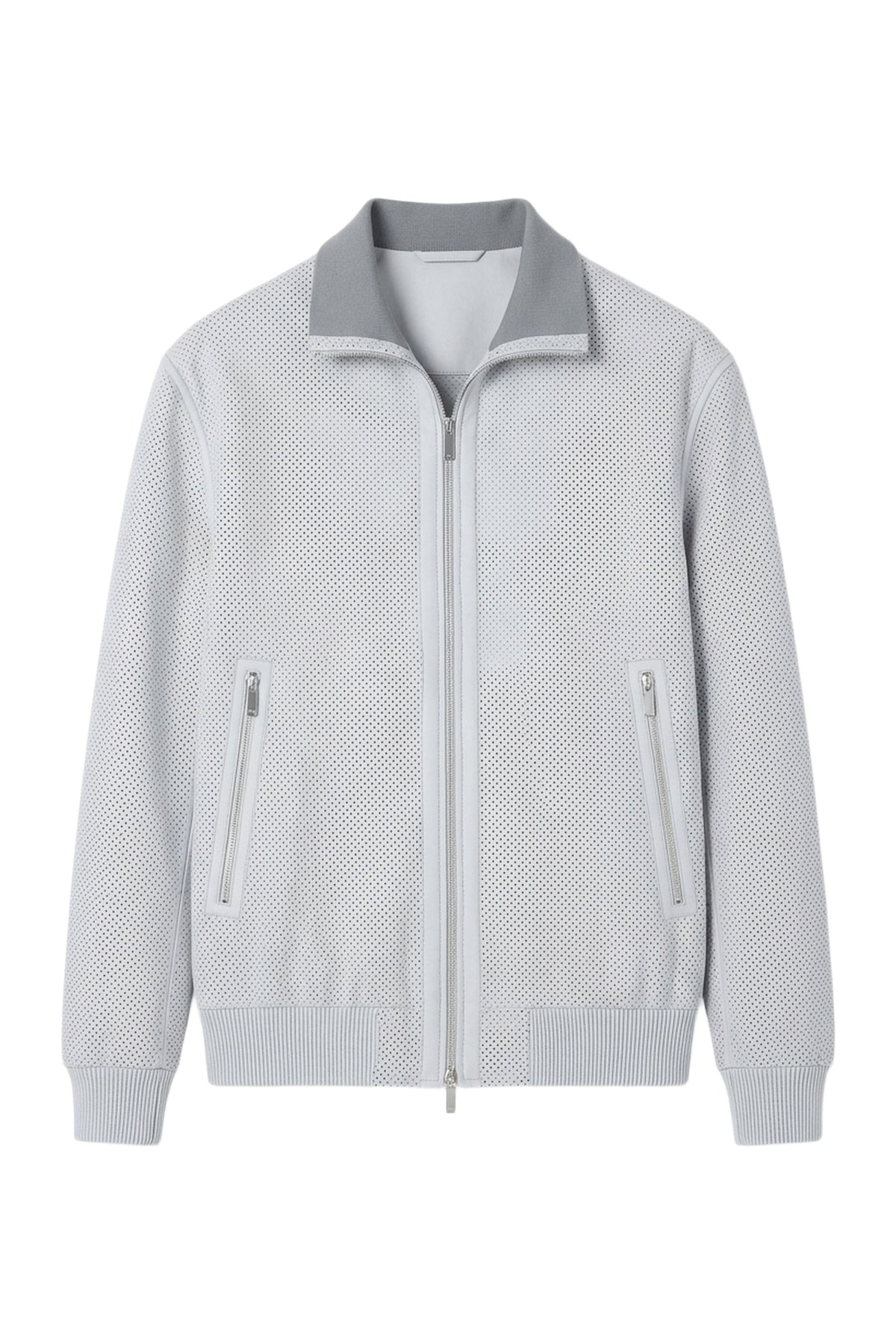 Blouson à zip et col contrasté en cuir - Light Grey & Blue Navy