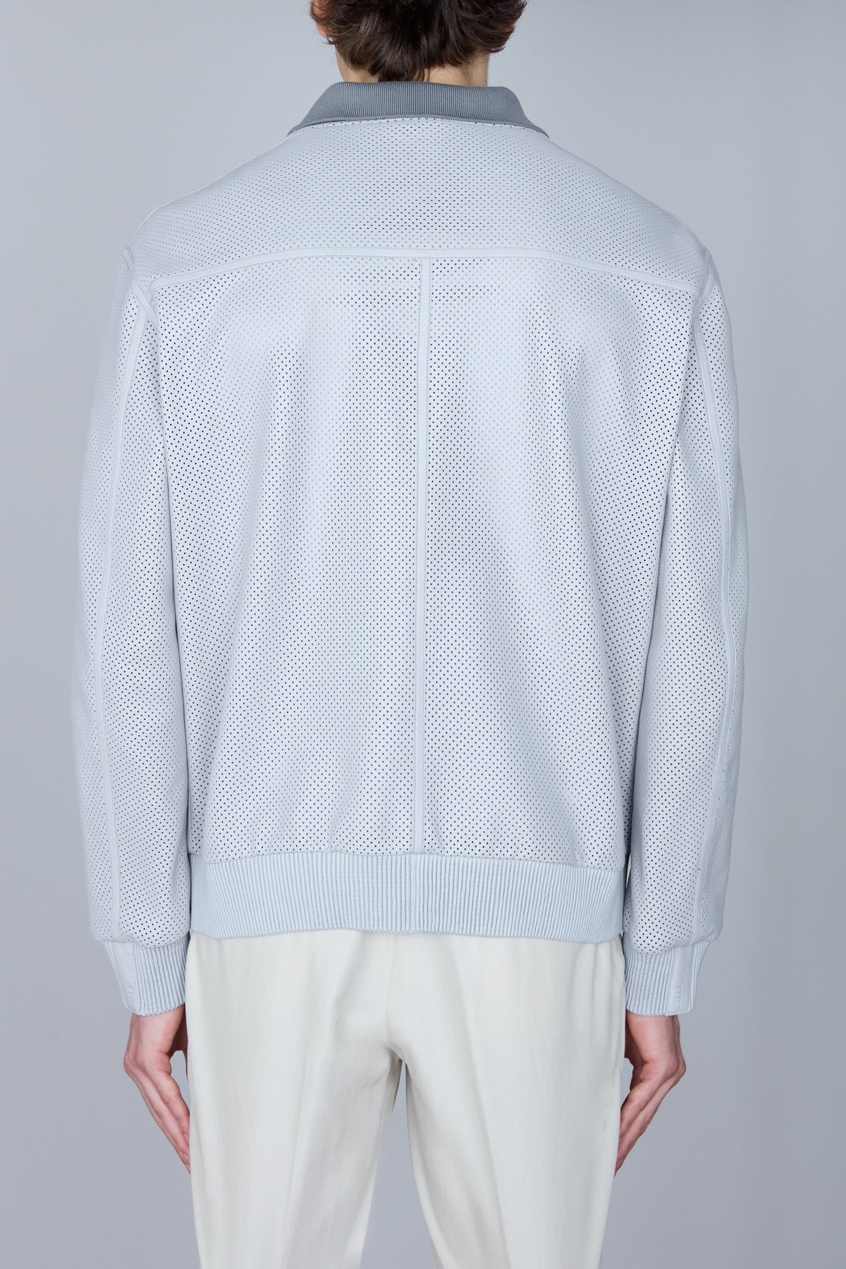 Blouson à zip et col contrasté en cuir - Light Grey & Blue Navy