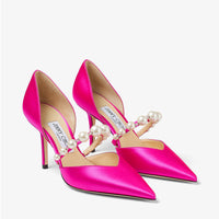 Escarpins Aurelie pointus à perles 85 en satin - Fuchsia & White