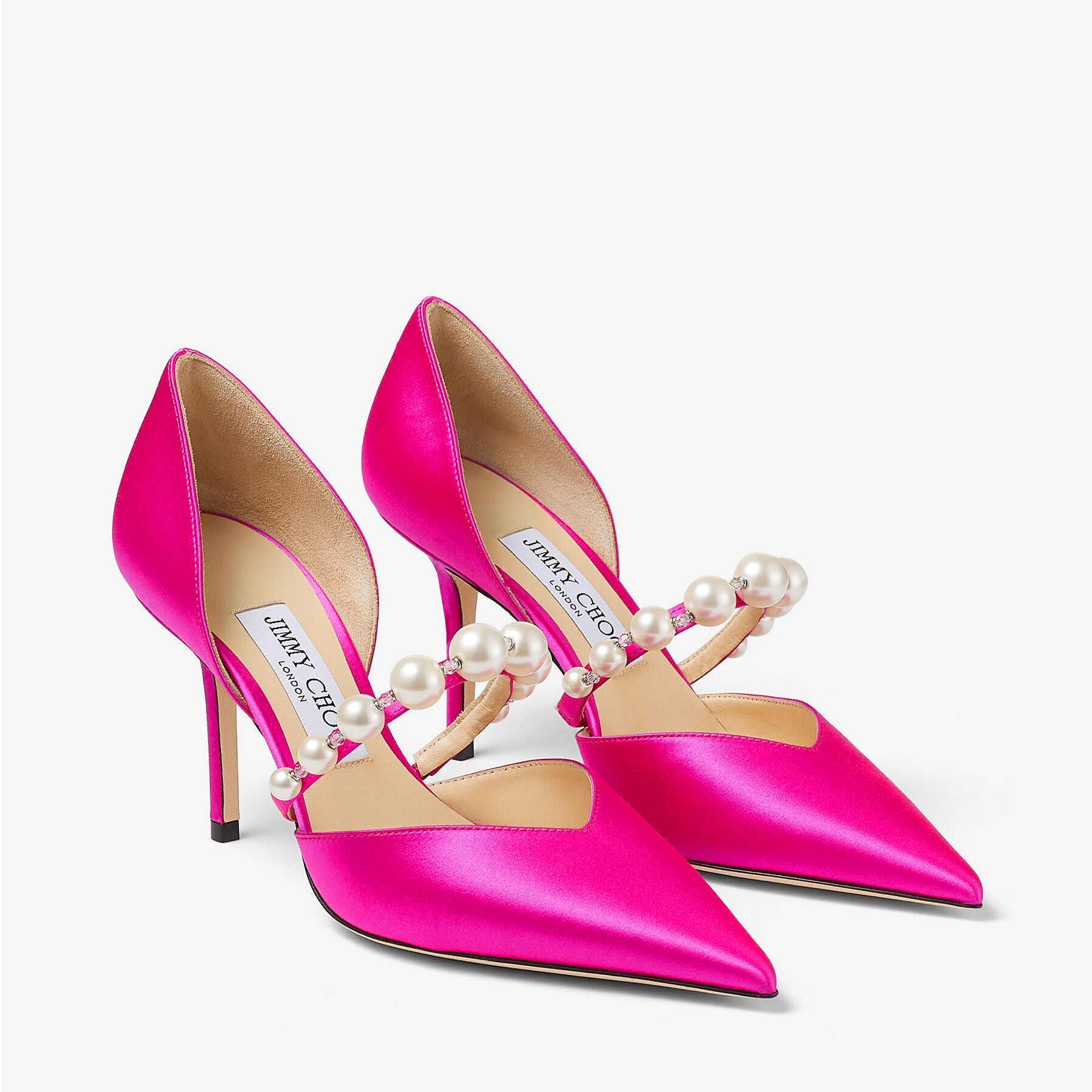 Escarpins Aurelie pointus à perles 85 en satin - Fuchsia & White