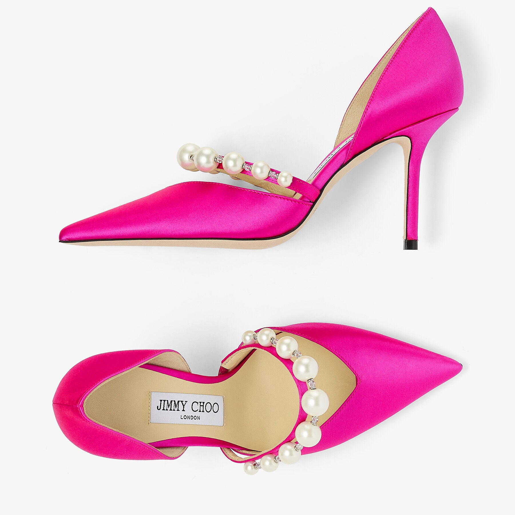 Escarpins Aurelie pointus à perles 85 en satin - Fuchsia & White
