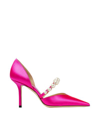 Escarpins Aurelie pointus à perles 85 en satin - Fuchsia & White