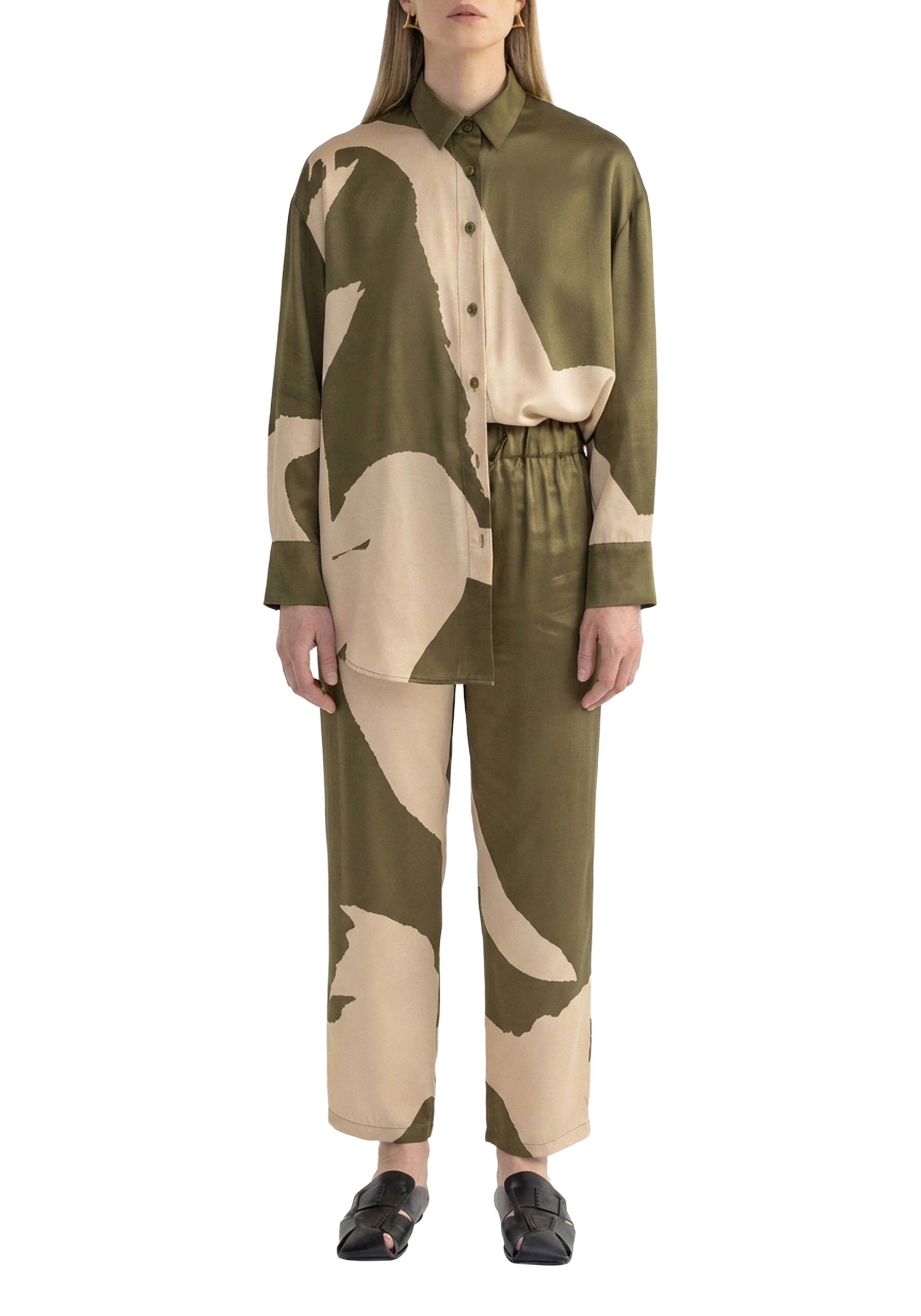 Pantalon Aurora fluide en soie mélangée - Olive Mono