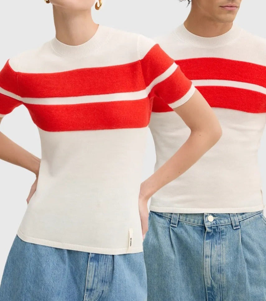 Double band wool T-shirt - Off White & Acid Red