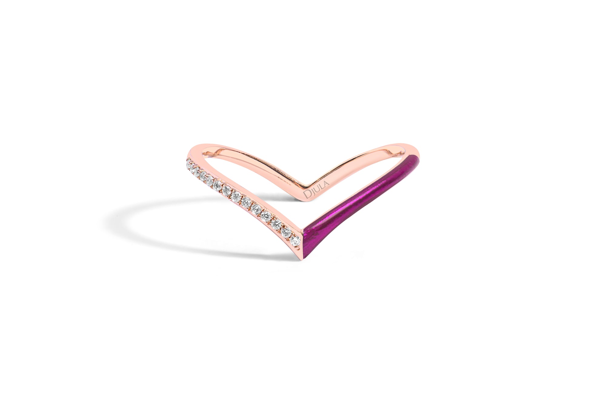 Aubergine / Bague V Émail en Or rose 14K sertie de diamants - Aubergine