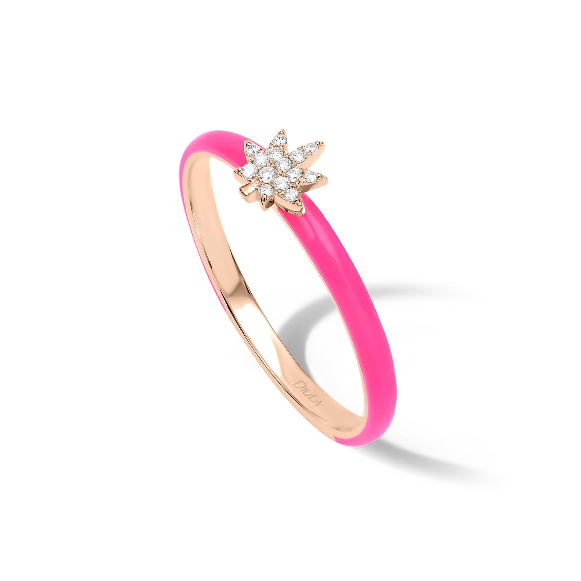 Rose fluo / Bague Feuille Art Deco en Or rose 14K sertie de diamants - Rose fluo