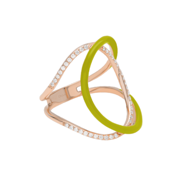 Jaune Fluo / Bague Double C Art Deco en Or rose 14K sertie de diamants - Jaune Fluo