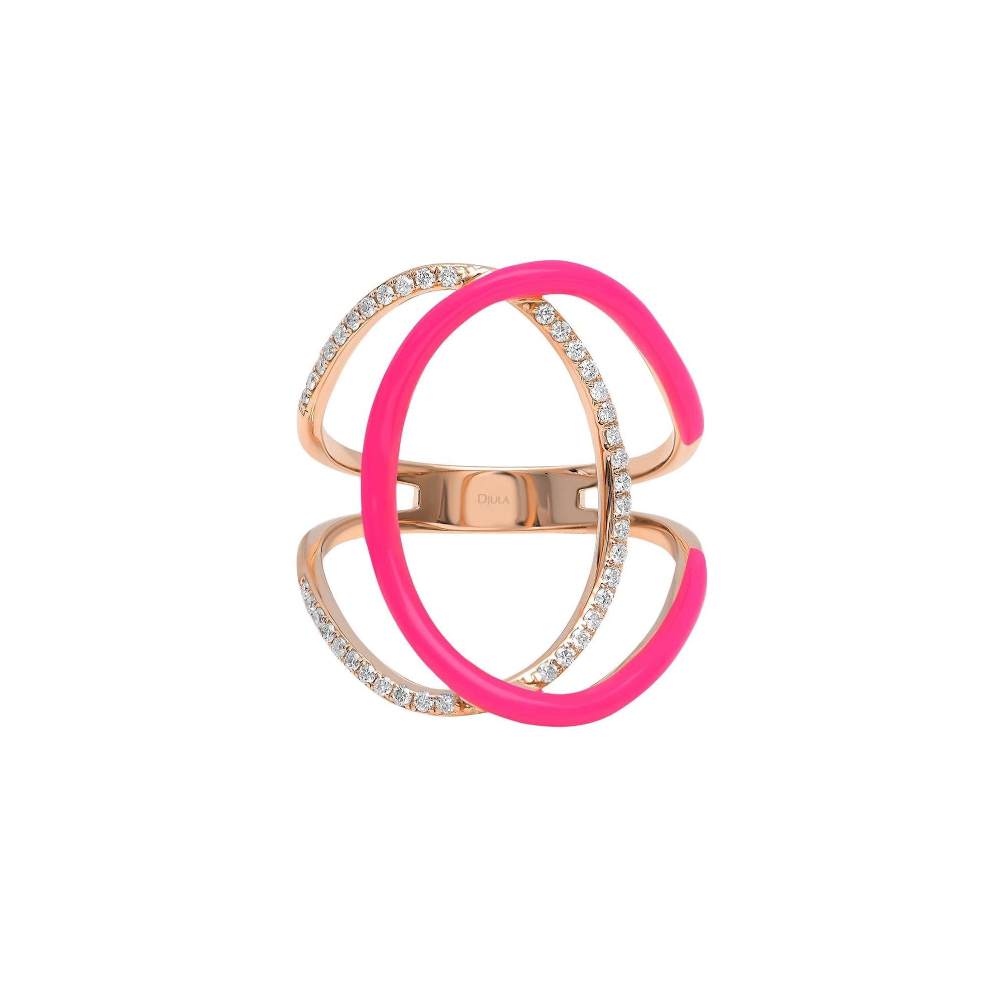 Rose fluo / Bague Double C Art Deco en Or rose 18K sertie de diamants - Rose fluo