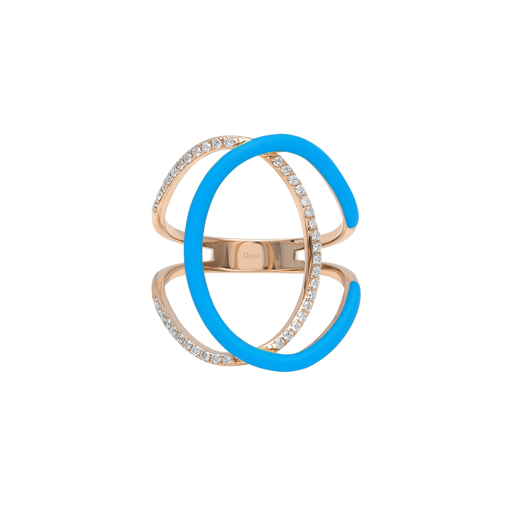 Double C ring in 14K pink gold set with diamonds - Turquoise Blue