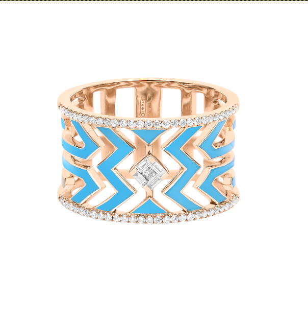 Bleu Turquoise / Bague Art Deco en Or rose 14K sertie de diamants - Bleu Turquoise