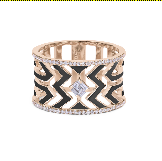 Noir / Bague Art Deco en Or rose 14K sertie de diamants - Noir