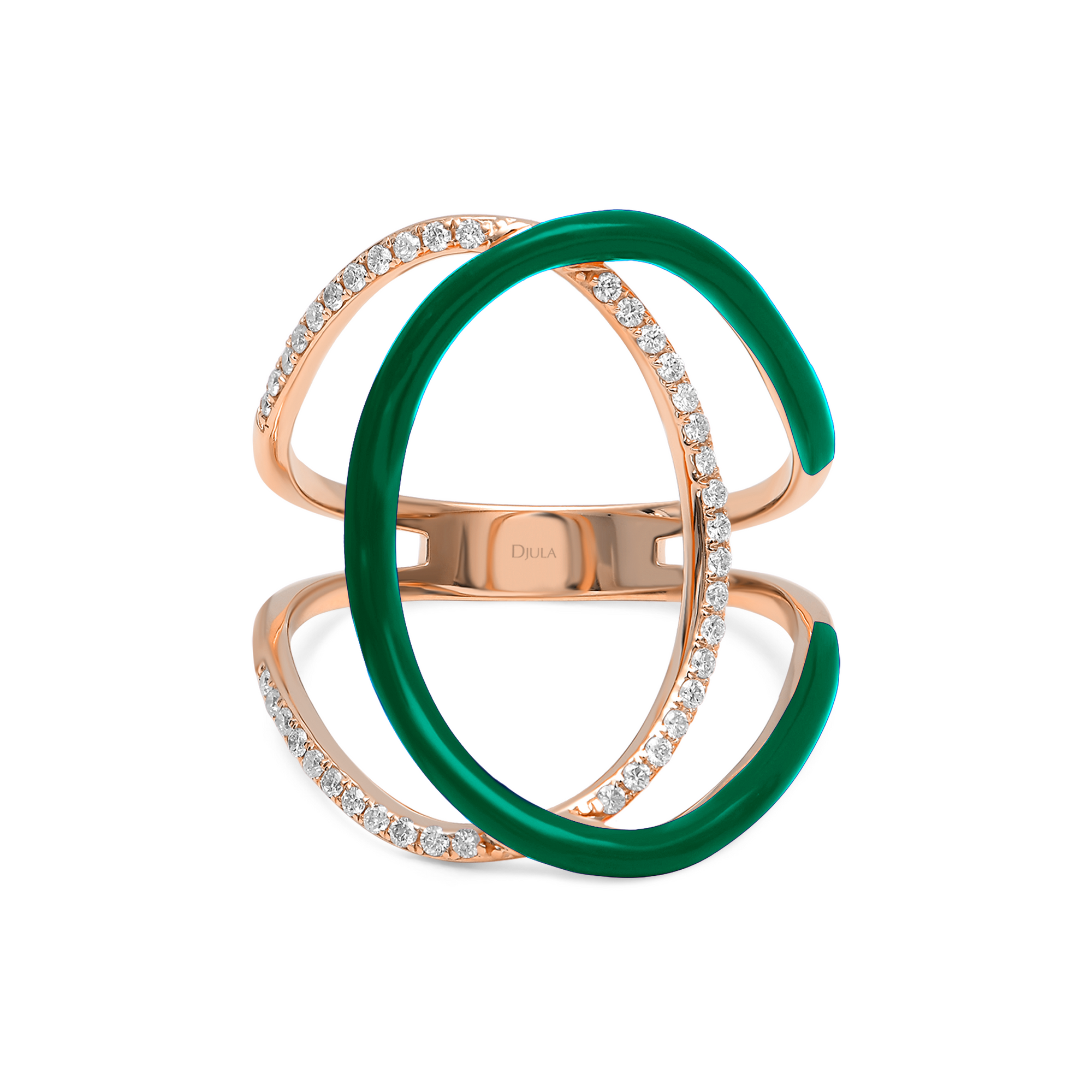 Vert Emeraude / Bague Double C Art Deco en Or rose 14K sertie de diamants - Vert Emeraude