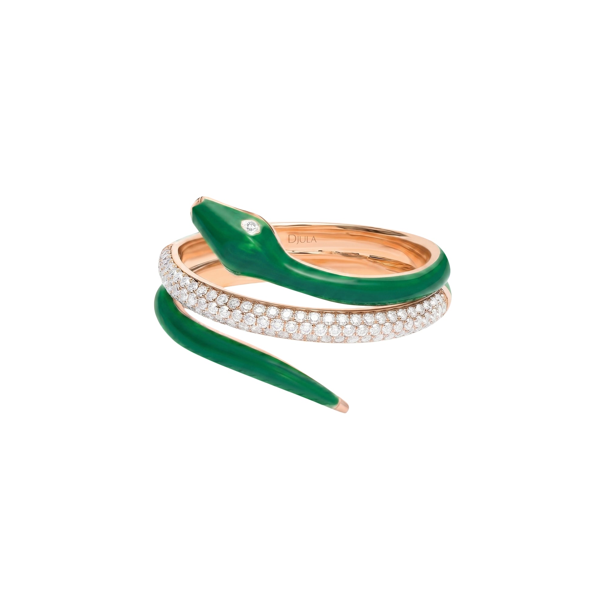 Serpent Ring in 14K Pink Gold Set with Diamonds - Emerald Green
