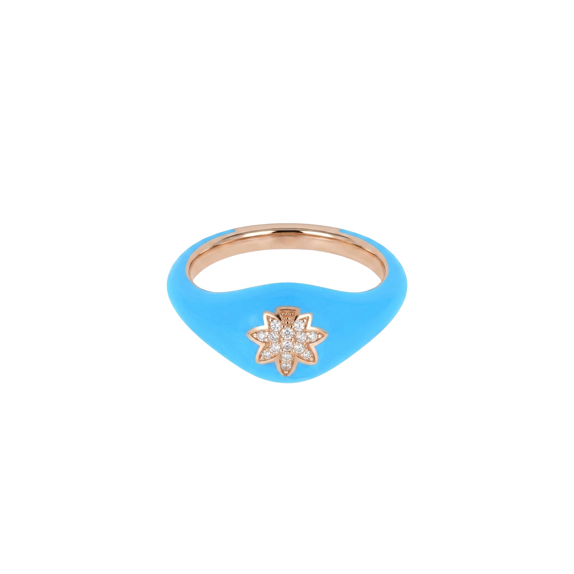 Leaf Ring in 14K Pink Gold Set with Diamonds - Turquoise Blue