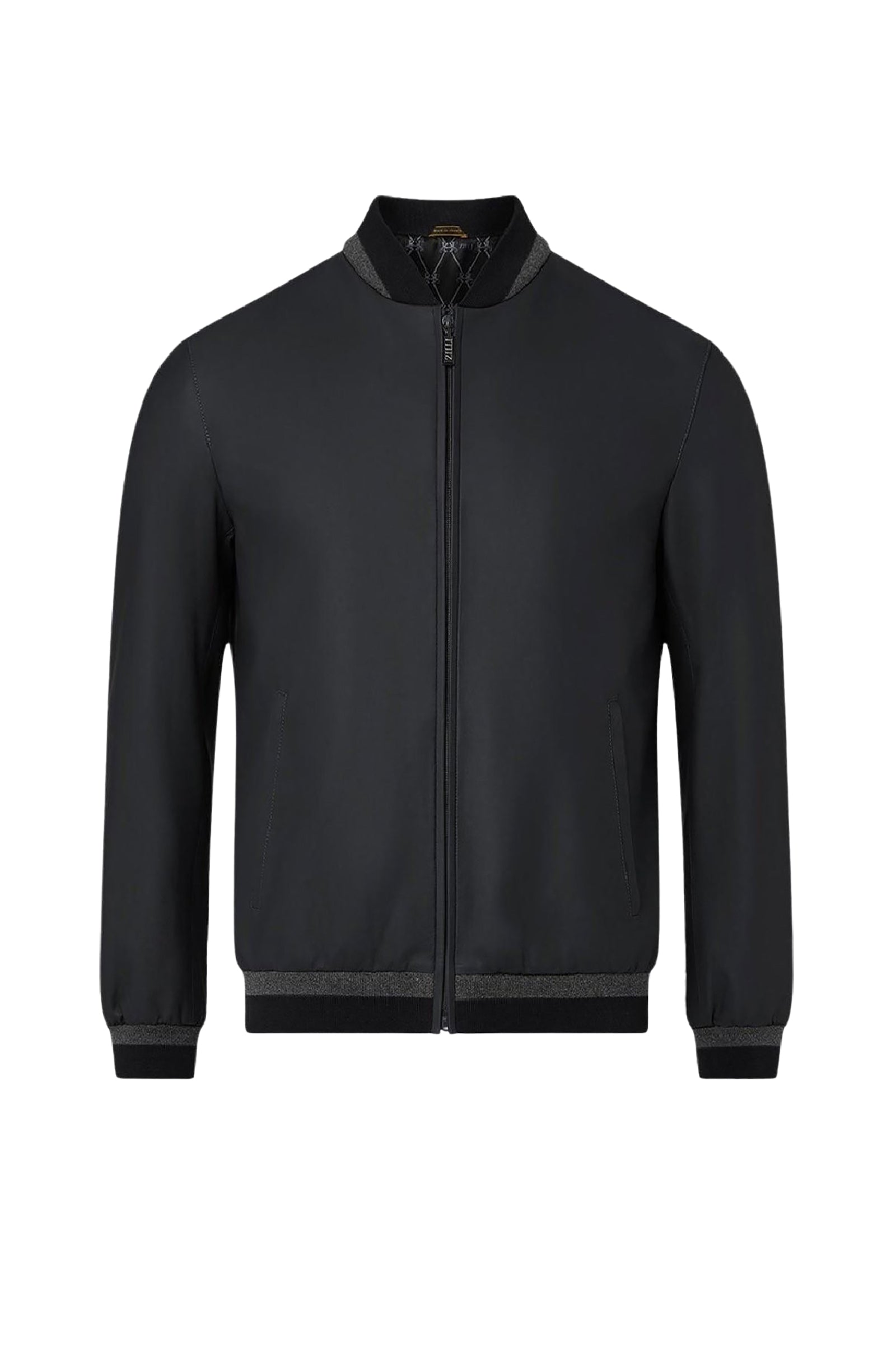 Bomber à col montant en cuir - Noir & Gris