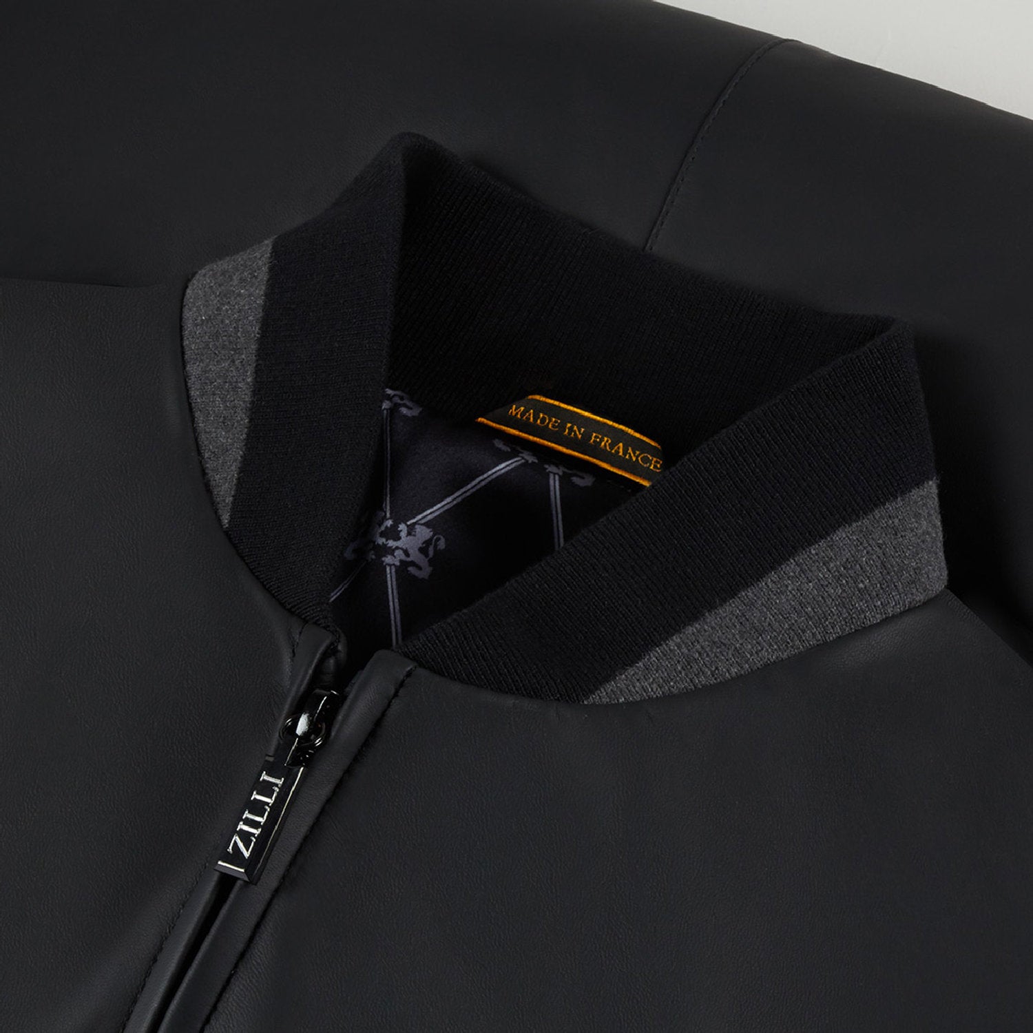 Bomber à col montant en cuir - Noir & Gris
