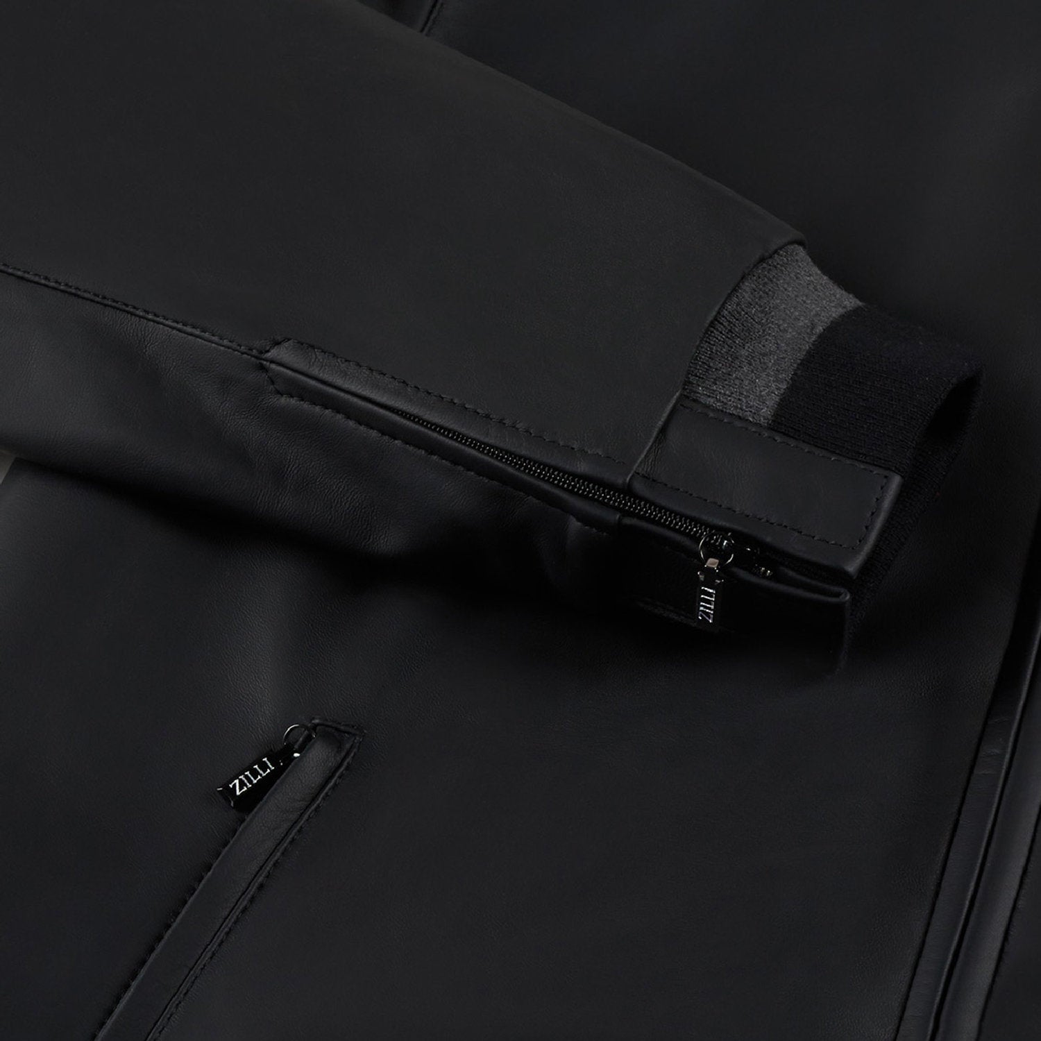 Bomber à col montant en cuir - Noir & Gris