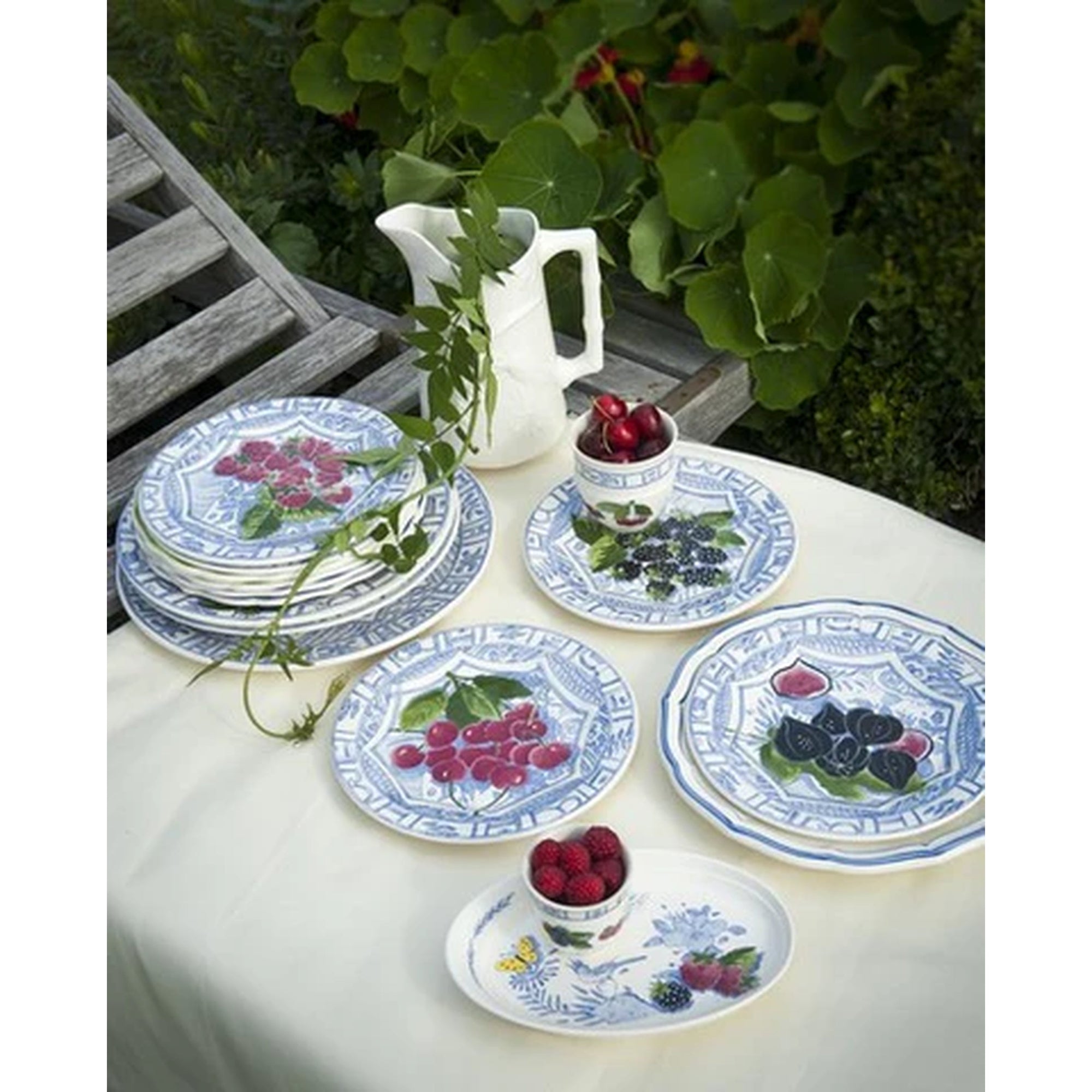 Set de 4 Assiettes plates extra Oiseaux Bleu Fruits - Bleu