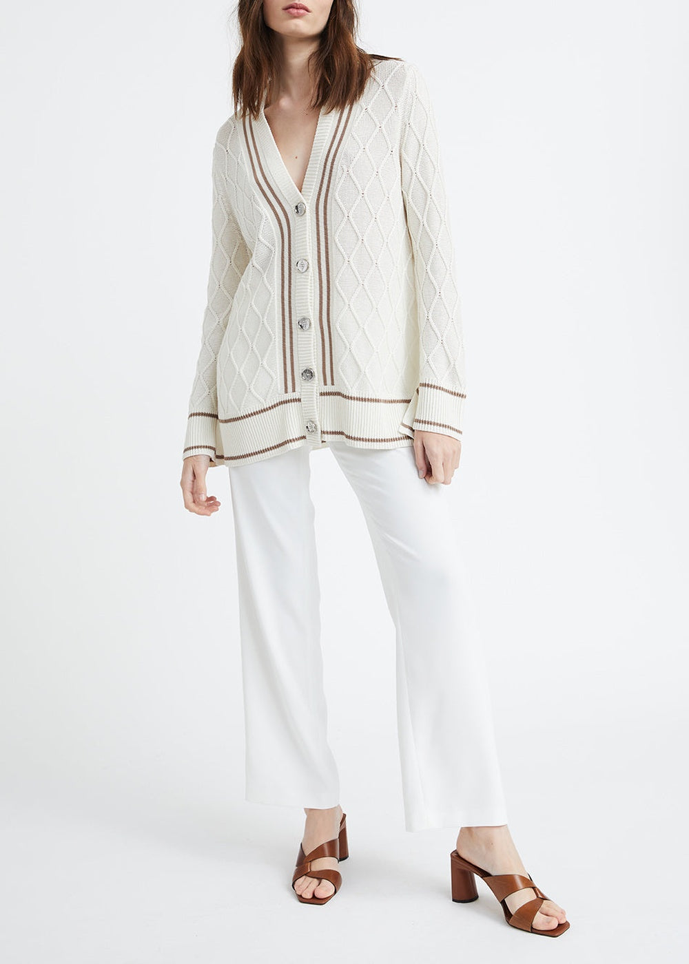 Cardigan à motif géométrique en soie - Blanc Cassé