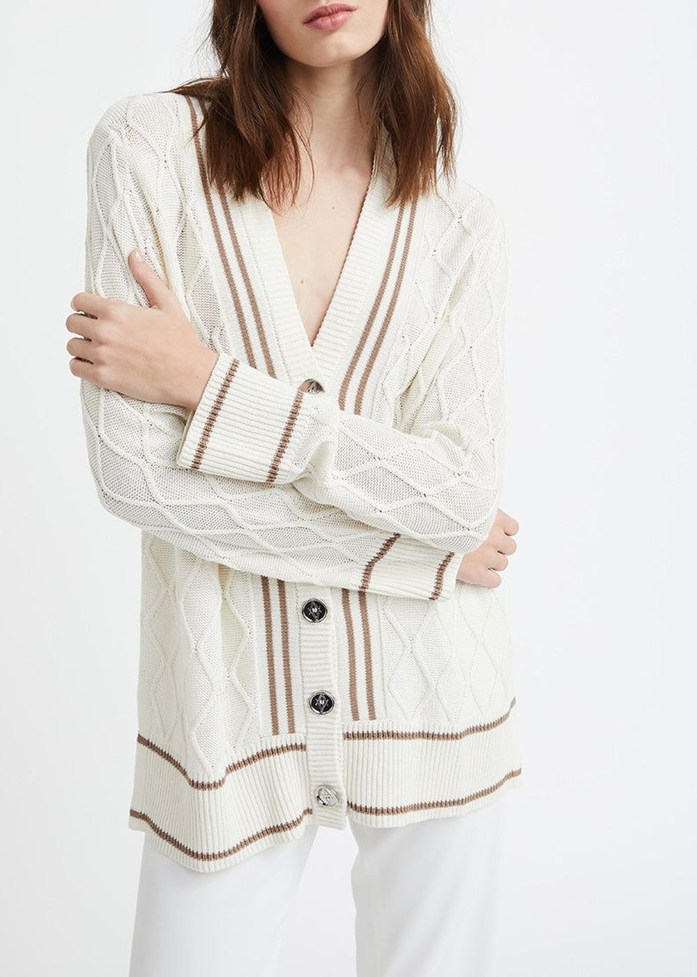 Cardigan à motif géométrique en soie - Blanc Cassé