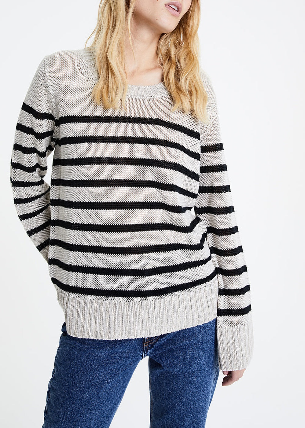 Pull à rayures en lin - Beige