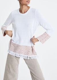 Pull à rayures jacquard et franges - Blanc Optique