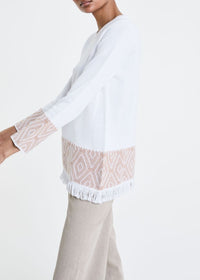 Pull à rayures jacquard et franges - Blanc Optique