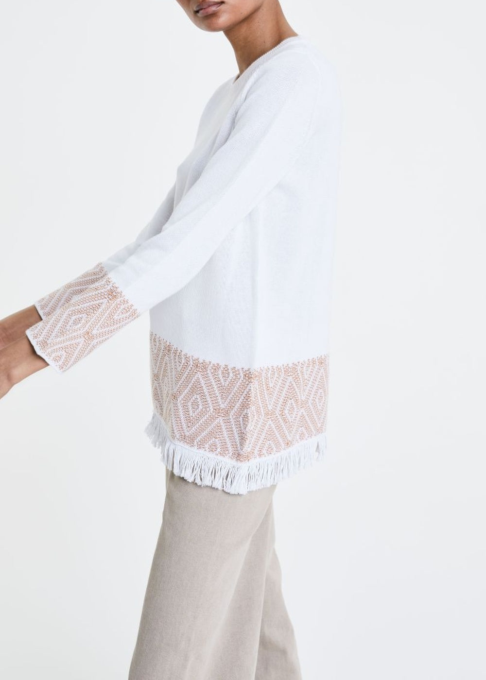 Pull à rayures jacquard et franges - Blanc Optique