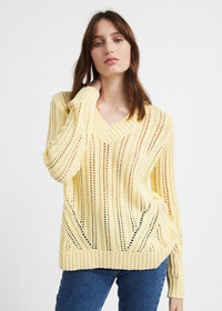 Pull ajoure col v - Jaune Moyen