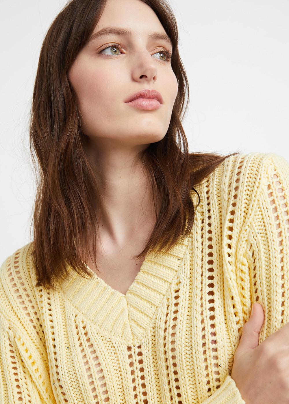 Pull ajoure col v - Jaune Moyen