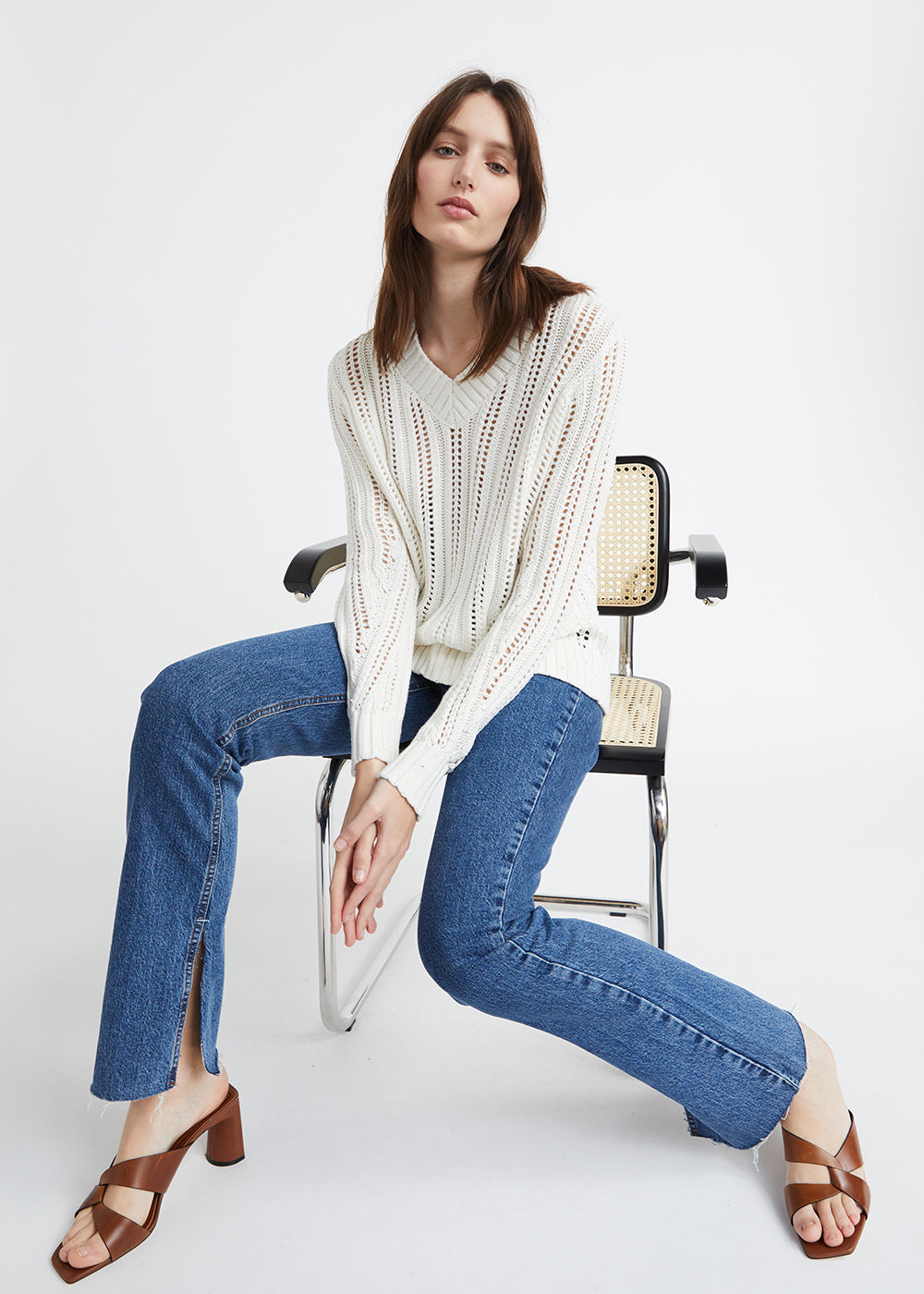Pull ajoure col v - Blanc Cassé