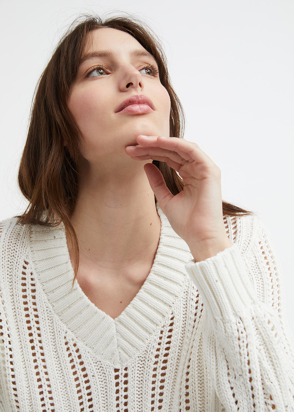 Pull ajoure col v - Blanc Cassé