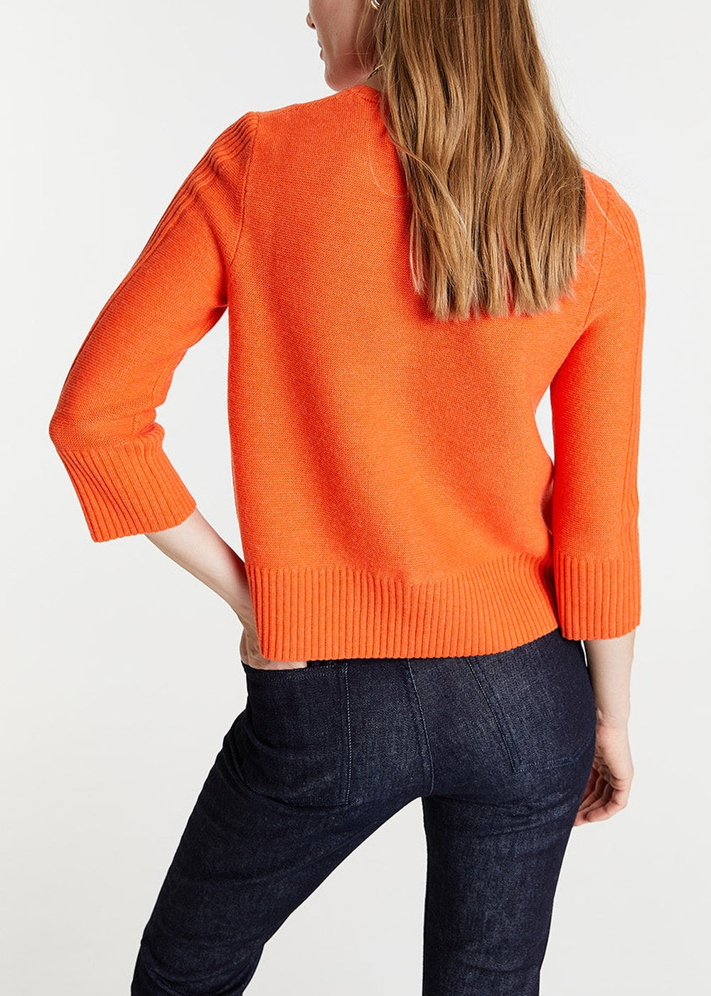 Pull col rond manches 3/4 en laine - Orange Vif