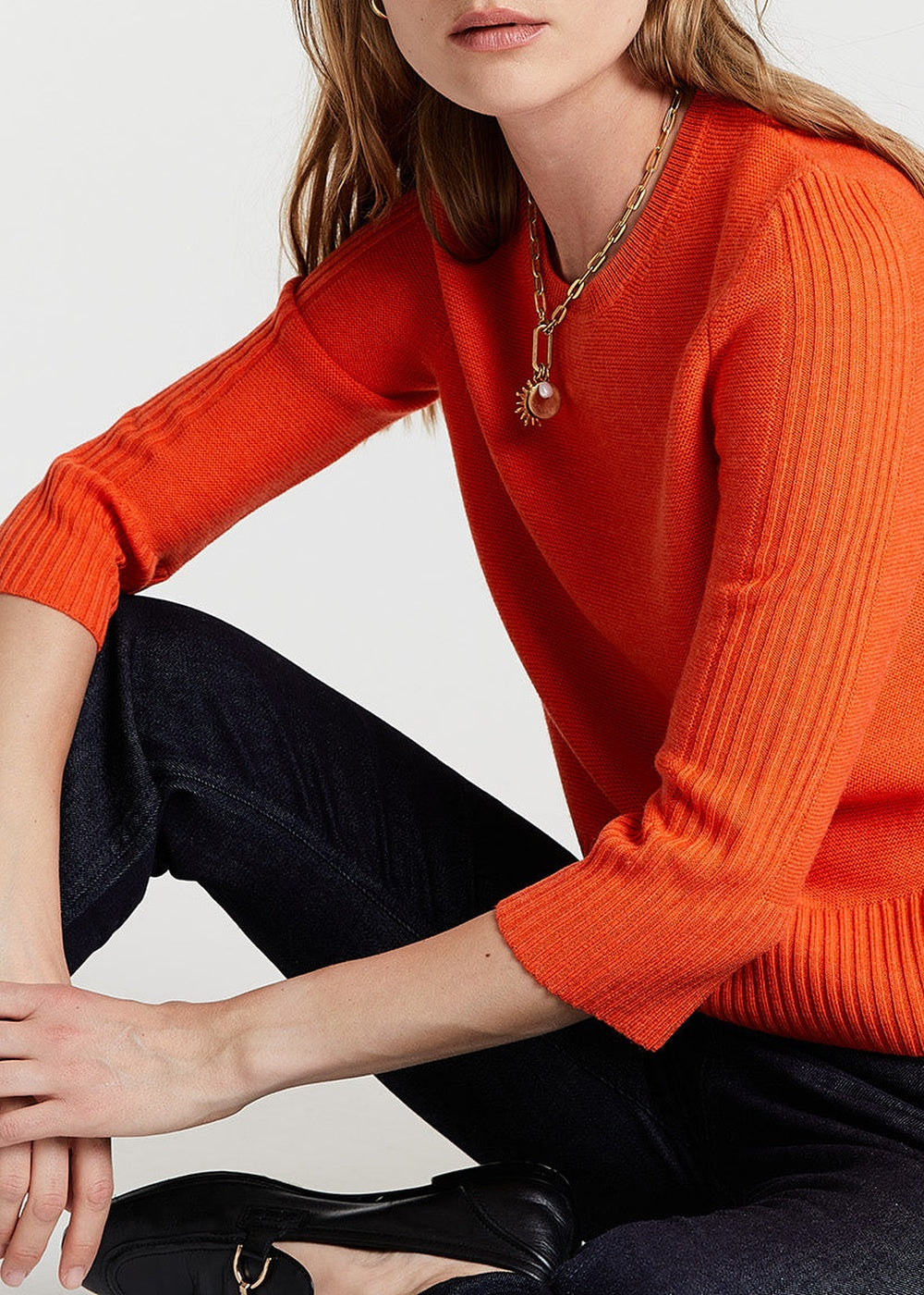 Pull col rond manches 3/4 en laine - Orange Vif