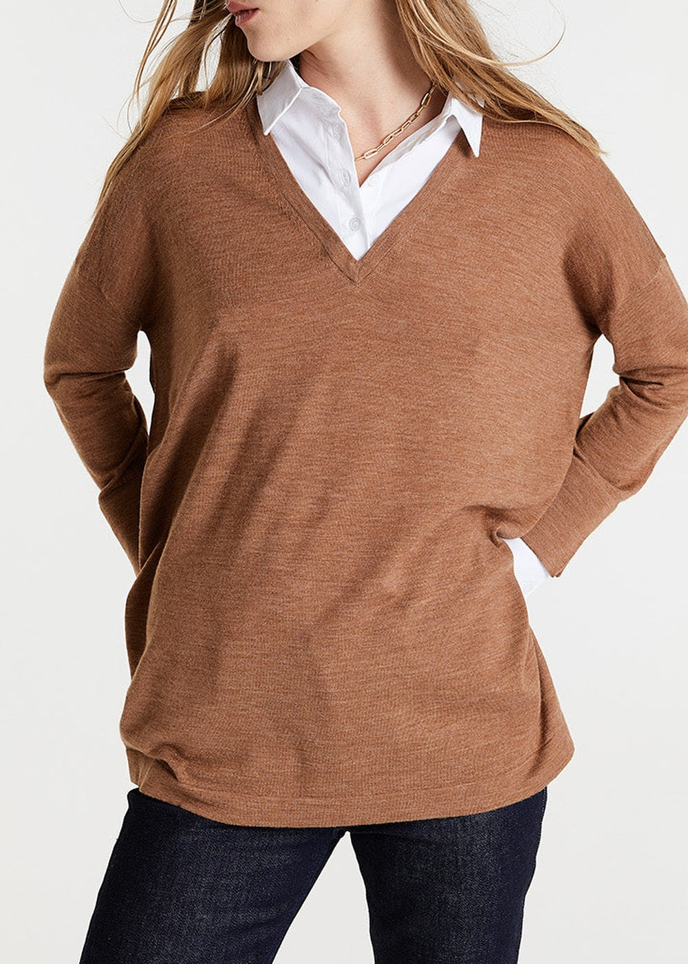 Pull à détails chemise en laine - Camel