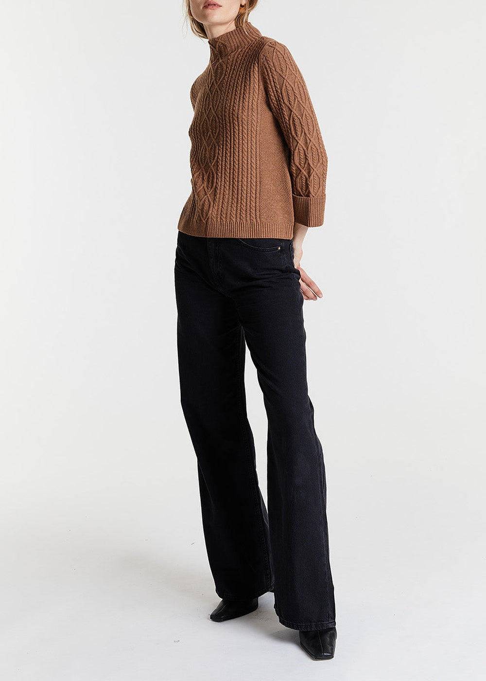 Pull col montant mailles torsadées en laine - Camel