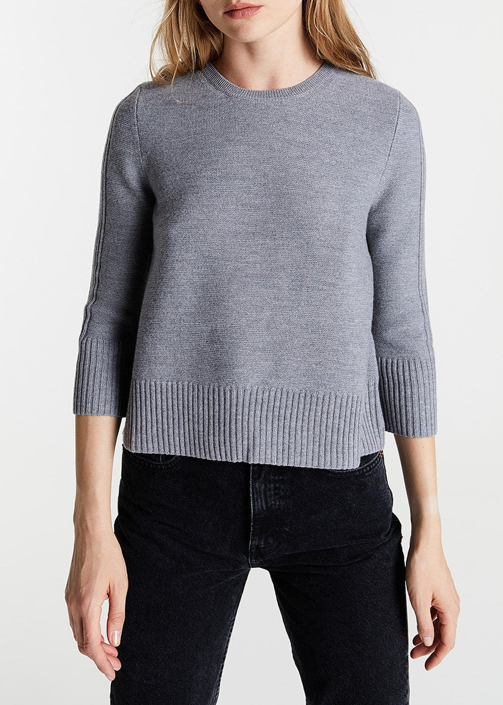 Pull col rond manches 3/4 en laine - Gris