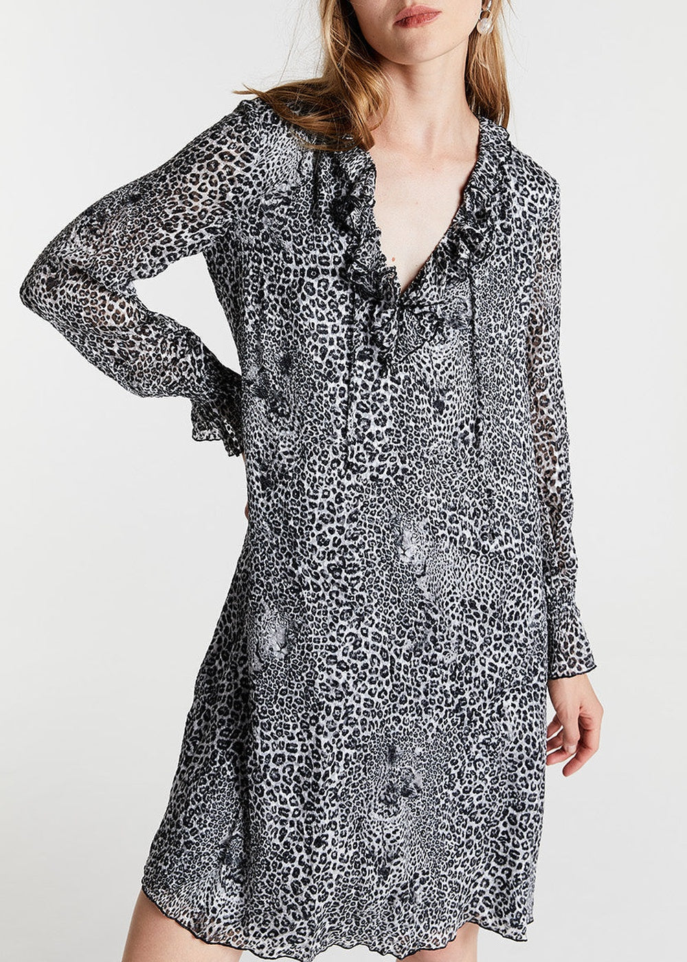 Ruffled dress with animal print - Khaki