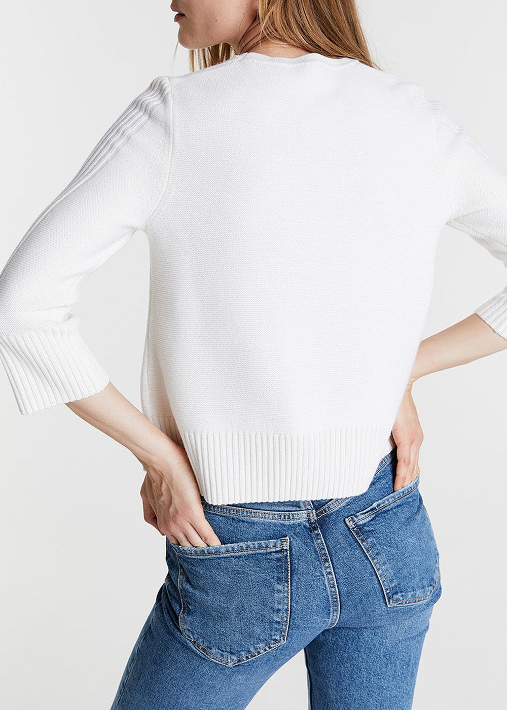 Wool jumper with a round neck and 3/4-length sleeves - Off-white