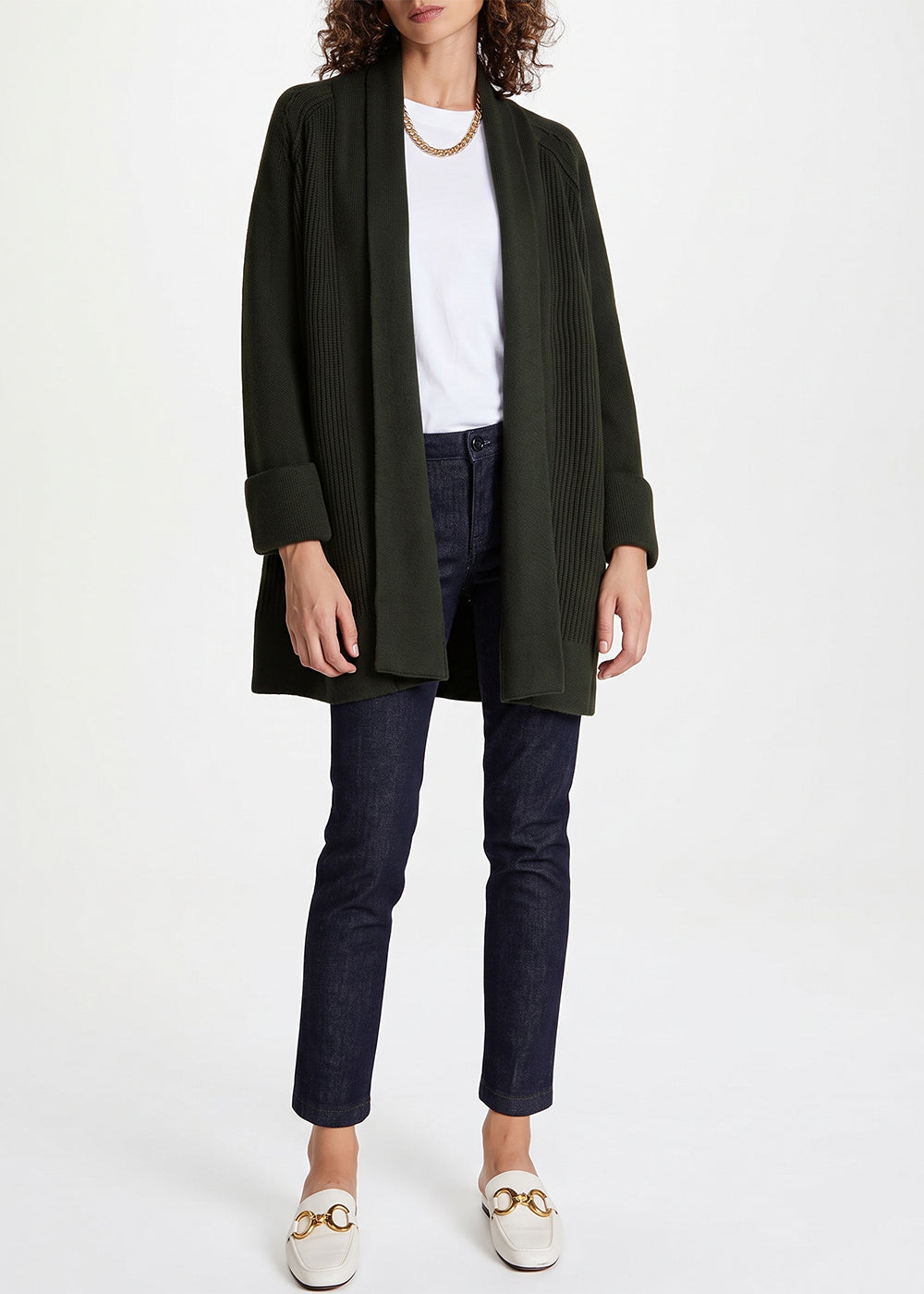 Cardigan long côtelé en laine & cachemire - Kaki