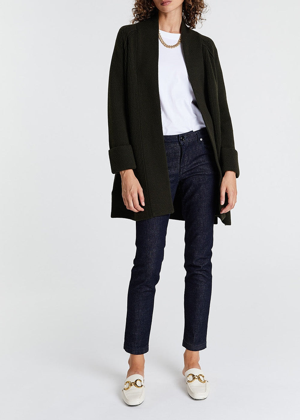 Cardigan long côtelé en laine & cachemire - Blanc Cassé