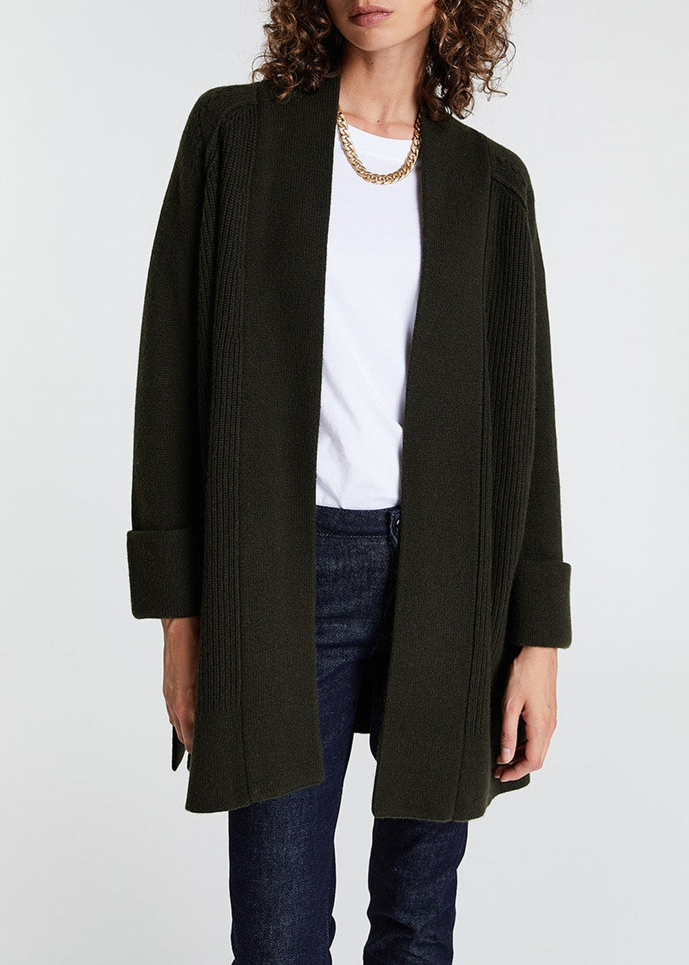 Cardigan long côtelé en laine & cachemire - Blanc Cassé