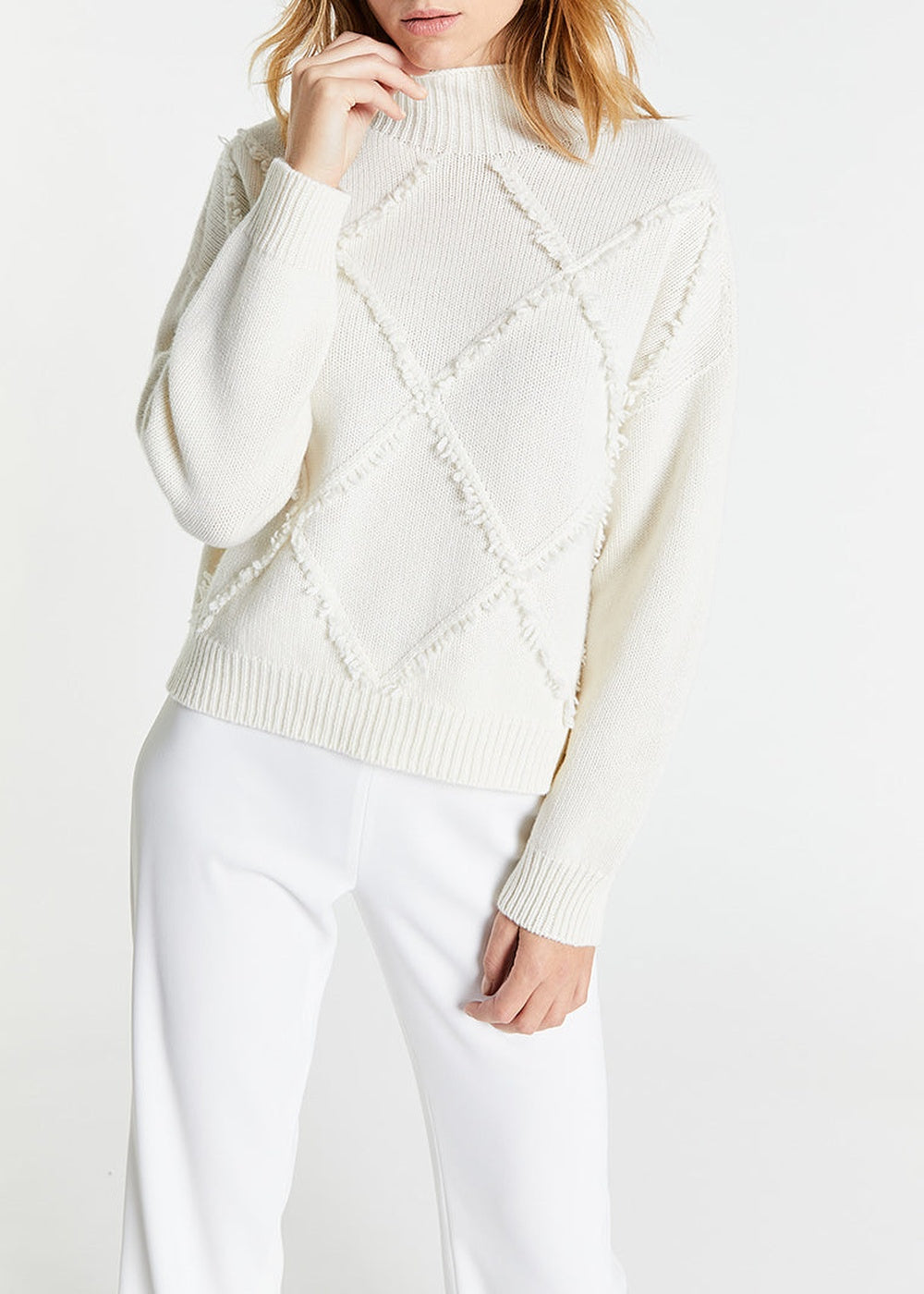 High-neck jumper with a geometric pattern made from wool - Off-white