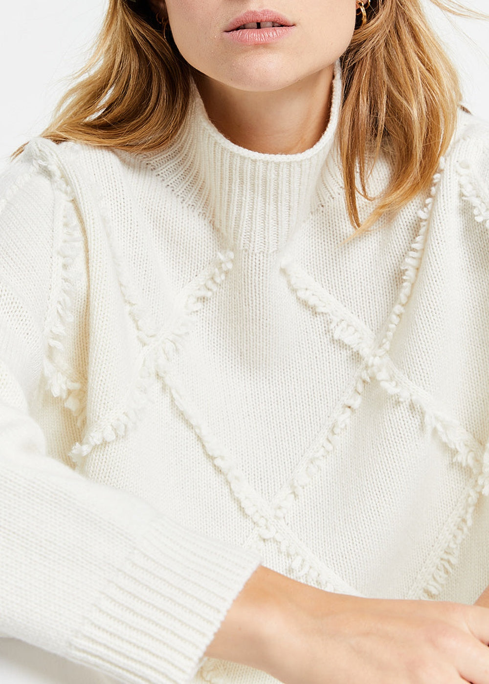 High-neck jumper with a geometric pattern made from wool - Off-white